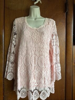 LAFFAIRE soft pink 3/4 sleeve cotton lace top preowned size Large